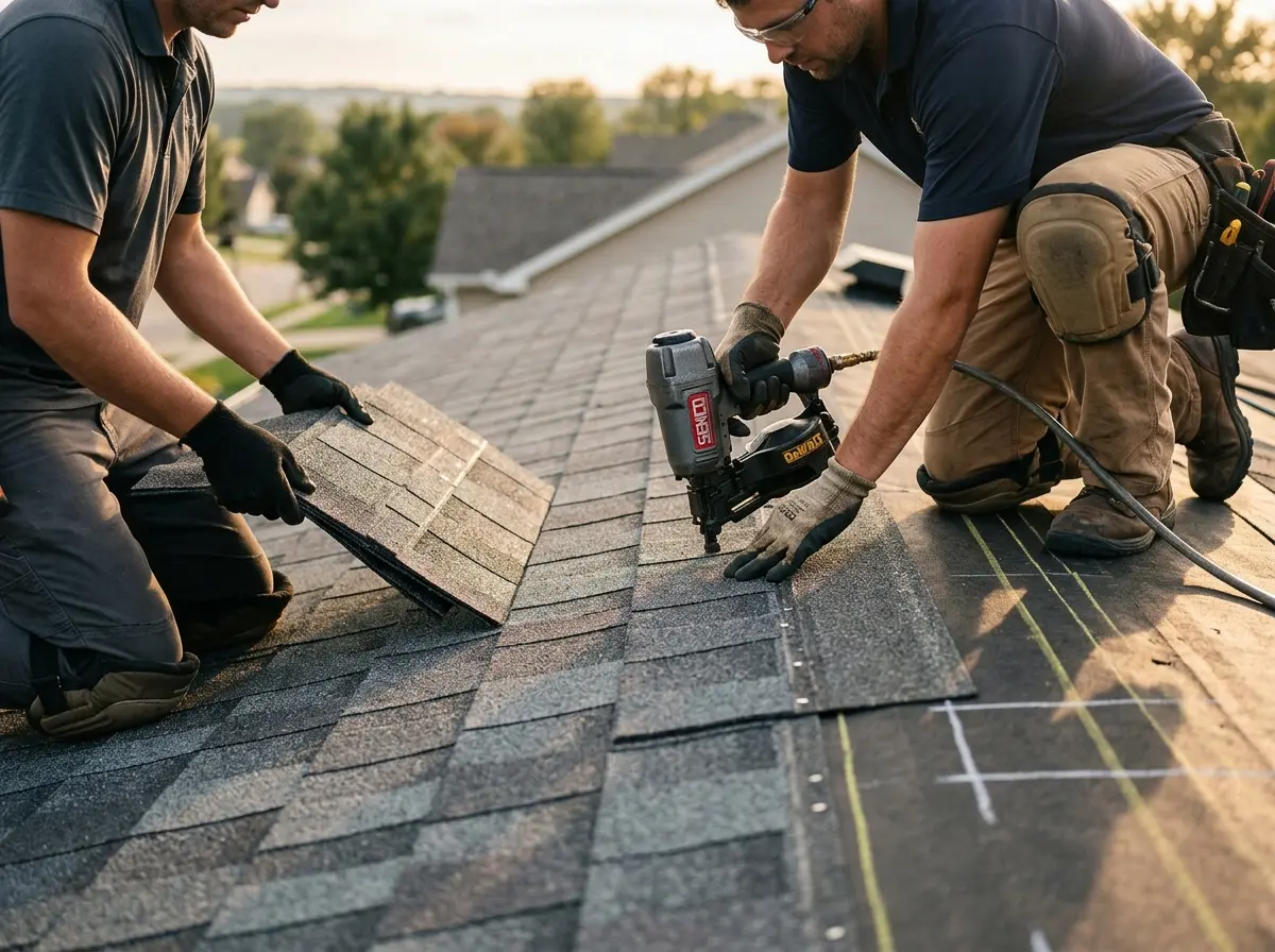 Professional roofer working on a residential roof in Phelps